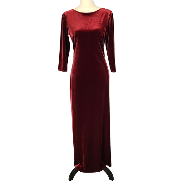 VTG LAUNDRY by Shelli Segal Red Velvet Maxi Dress LG Backless Stretch 3/4 Sleeve - Picture 1 of 12